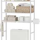 4-Tier Over The Toilet Storage, Bathroom Organizer, Space-Saving, 72" H Above Toilet Storage Rack with 4 Hooks and Paper Holder, Metal Shelf, White