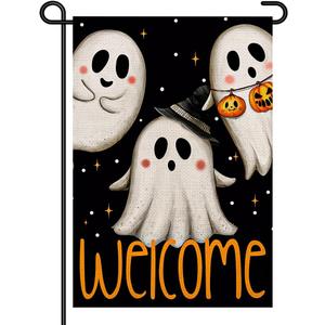 3 x Spooky Ghost Welcome Garden Flags for Outside 12x18 Inch Double Sided Burlap,Halloween Sign Small Flag Farmhouse Holiday Yard Lawn Outdoor Decorations DF896