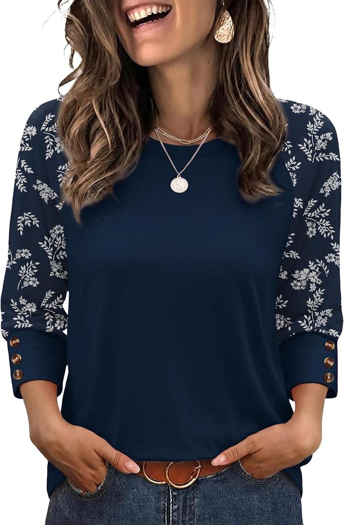 WIHOLL Boho Tops for Women 3/ 4 Length Sleeve with Buttons Summer Travel Vacation Clothes Business Casual Outfits Plus Size Blouses Trendy Fashion Clothing Graphic Blue L