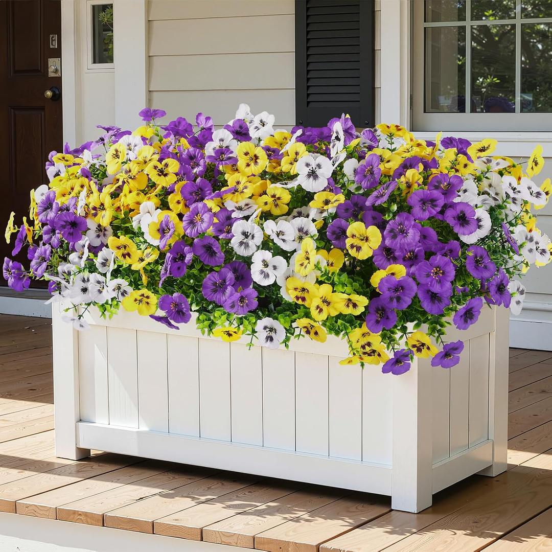 Alupssuc 48 Bundles Artificial Flowers for Outdoors, Fake Spring Flowers for Decoration, UV Resistant Realistic Pansies with Eucalyptus Silk Faux Flowers for Porch Patio Yard, Purple Yellow White