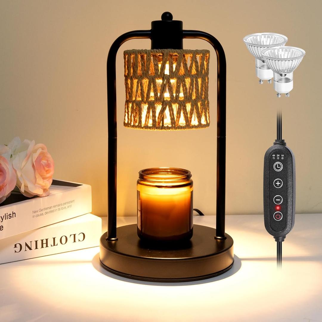 Candle Warmer Lamp with Timer Light: Electric Wax Melt Warming Dimmable for Yankee Candles Large - Birthday Christmas Gift for Women Mom, Room, New Home Decor, Vintage House (Black + Brown Hemp Rope)