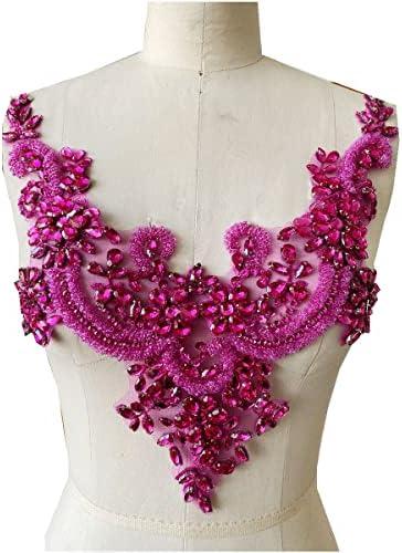 Handmade Rhinestones lace Applique handsewing Beads Trim Patches Neckline for Dress Clothes Accessory (Pink)