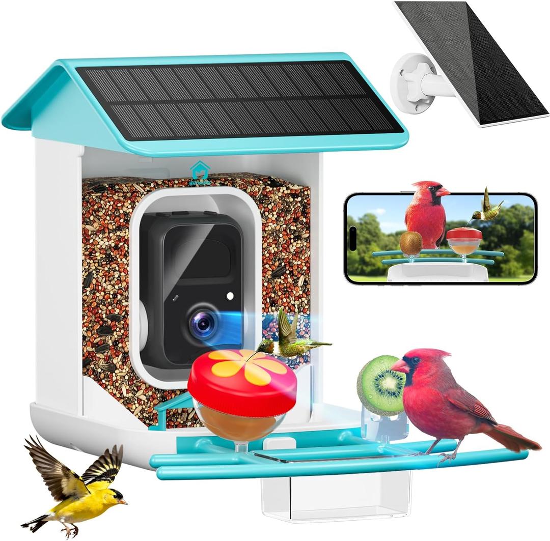 Smart Bird Feeder with Camera-AI Identify 11,000+ Species, 2K HD Auto Capture Birds Video & 64G TF Card, Solar-Powered Wireless Outdoor Design, Birdhouse with Built-in Two-Way Microphone (Light Blue)