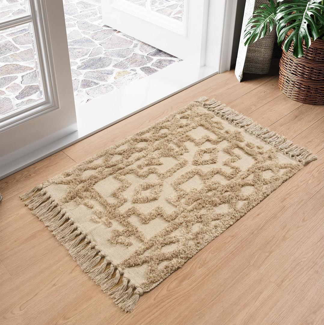 Uphome Boho Bathroom Rug 2' x 3', Small Farmhouse Kitchen Rugs with Tassels, Khaki Washable Front Door Mat, Cotton Woven Moroccan Tufted Throw Rug for Bedroom Entryway Laundry Living Room (Tan)