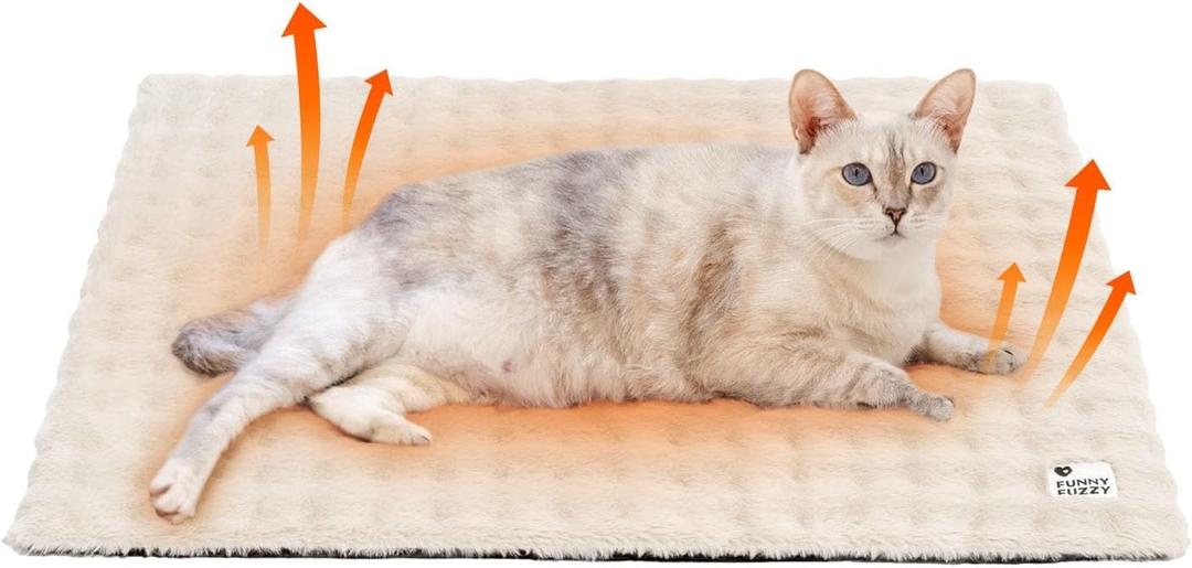 FUNNY FUZZY Self Warming Cat Bed, Waterproof Self Heating Pad for Cats & Dogs, Cozy Plush Warm Pet Mat with Removable Washable Cover - ThermoPad, 25.5"17.7", Cream White