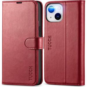 TUCCH Wallet Case for iPhone 13 Mini, RFID Blocking Card Slot Stand [Shockproof TPU Interior Protective Case], PU Leather Magnetic Flip Cover Compatible with iPhone 13 Mini 5.4-inch, Dark Red