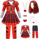 7 Pcs Rise Princess Red Costume for Girls Red Party Dress Outfit Set with Wig (11-12 Years)
