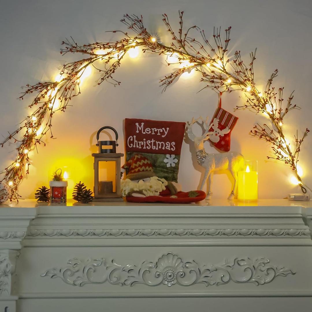 6FT Red Berry Garland with Lights, Artificial Berry Christmas Garland for Indoor and Outdoor Thanksgiving Christmas Decoration, Table Arrangements, Fireplace Mantel, and Centerpiece Decorations (Style-2)