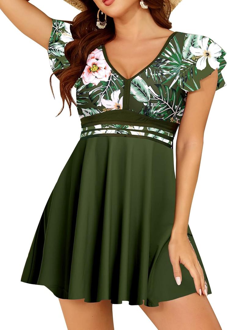 Arolina Women's Plus Size Tankini Swimsuits Swim Dress Mesh Bathing Suits Two Piece Ruffle V Neck Swimwear with Swim Shorts (Army Green Flowers), 16 Plus