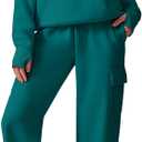 PINSPARK 2 Piece Sets for Women 2025 Fleece Sweatsuits Oversized Sweatshirts Wide Leg Cargo Sweatpants with Pockets Thumbhole (Small, Green Jade)