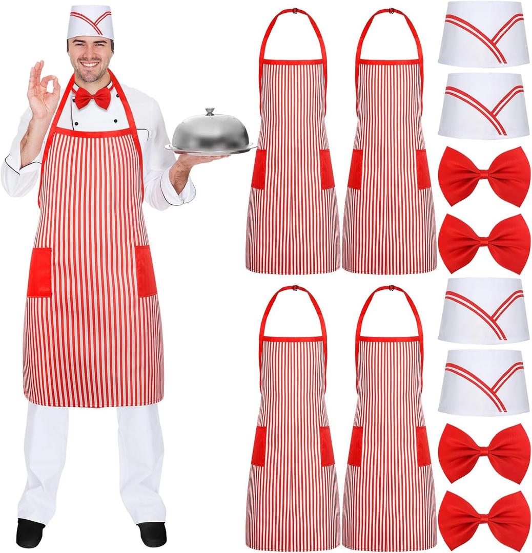 Ramede 12 Pcs 1950s Costume 50s Outfit Adult Waiter Costume Kit Soda Jerk Costume Red and White Striped Apron Bib Apron Outfit for 1950s Movie Night Circus Party Mardi Gras Carnival Costume