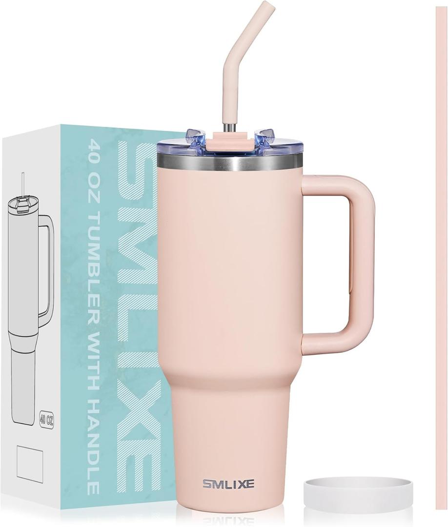 40 oz Tumbler with Handle and Straw Lid,Insulated Reusable Stainless Steel Water Bottle Travel MugCupholder Friendly Double Wall Vacuum Sealed Cup (Rose Quartz)