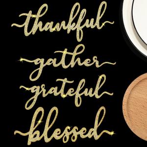 Cunhill 8 Pcs Thankful Plate Sign Thanksgiving Wooden Cutout Fall Dining Table Settings Decorative Thankful Grateful Blessed Gather Family Sign Rustic Home Table Decorations(Glitter Gold)