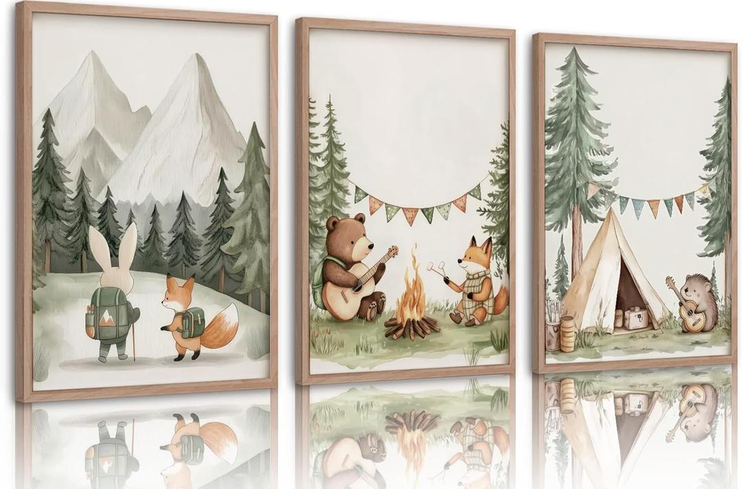 Woodland Animal Nursery Canvas Wall Art Fox Bear Rabbit Hedgehog Paintings Pictures Safari Nursery Wall Decor Forest Animals Camping Campfire Poster Print Artwork for Boys Kids Room Home Decoration