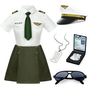 G.C Girls Pilot Costume Kids Dress Up Outfits Toddler Sunglasses Hat Accessories Halloween Cosplay Role Play Party Gifts (1103-4 Years)