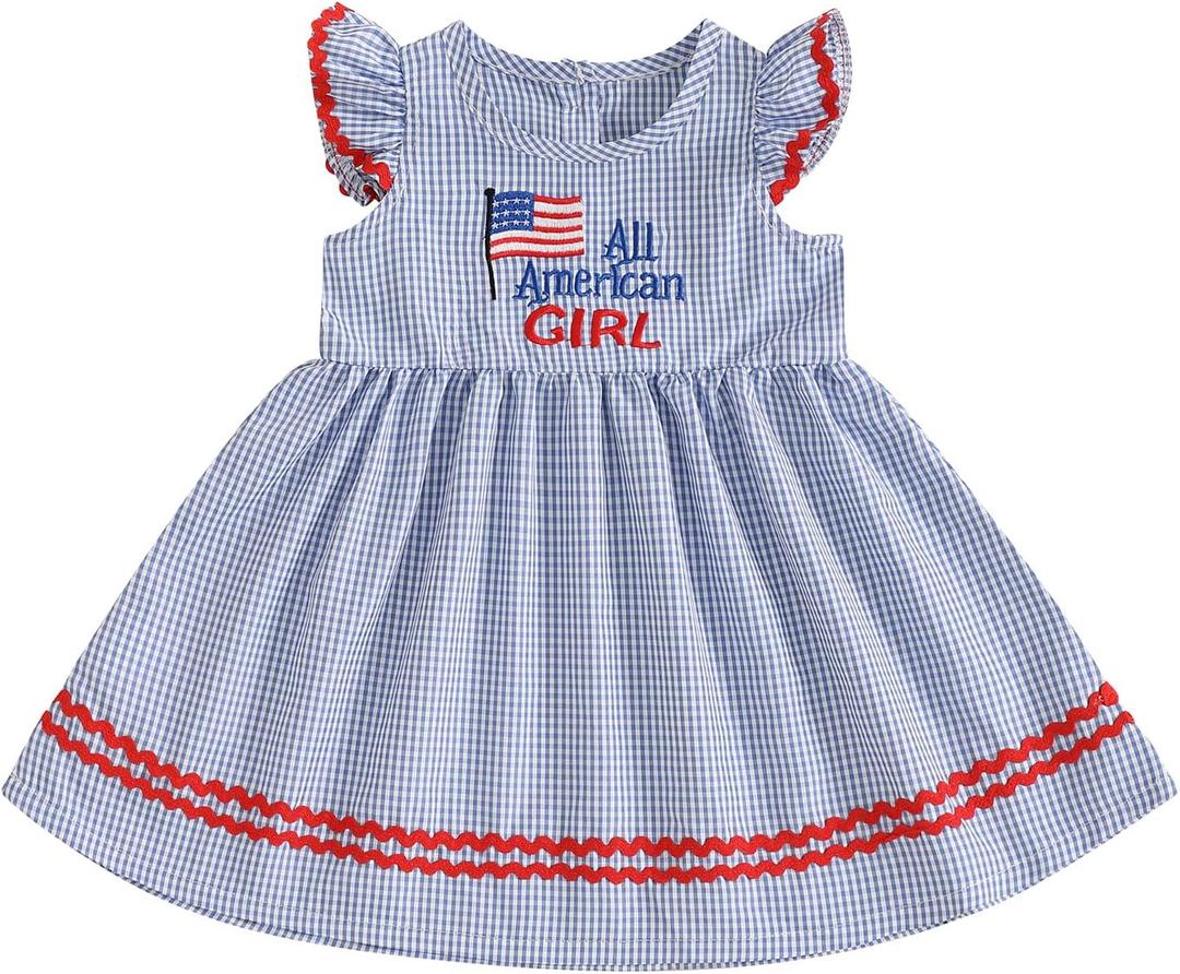 Toddler Baby Girl 4th of July Outfit American Flag Flying Sleeve Plaid A-line Dress Cute Girls Fourth of July Dress (6-12 Months)