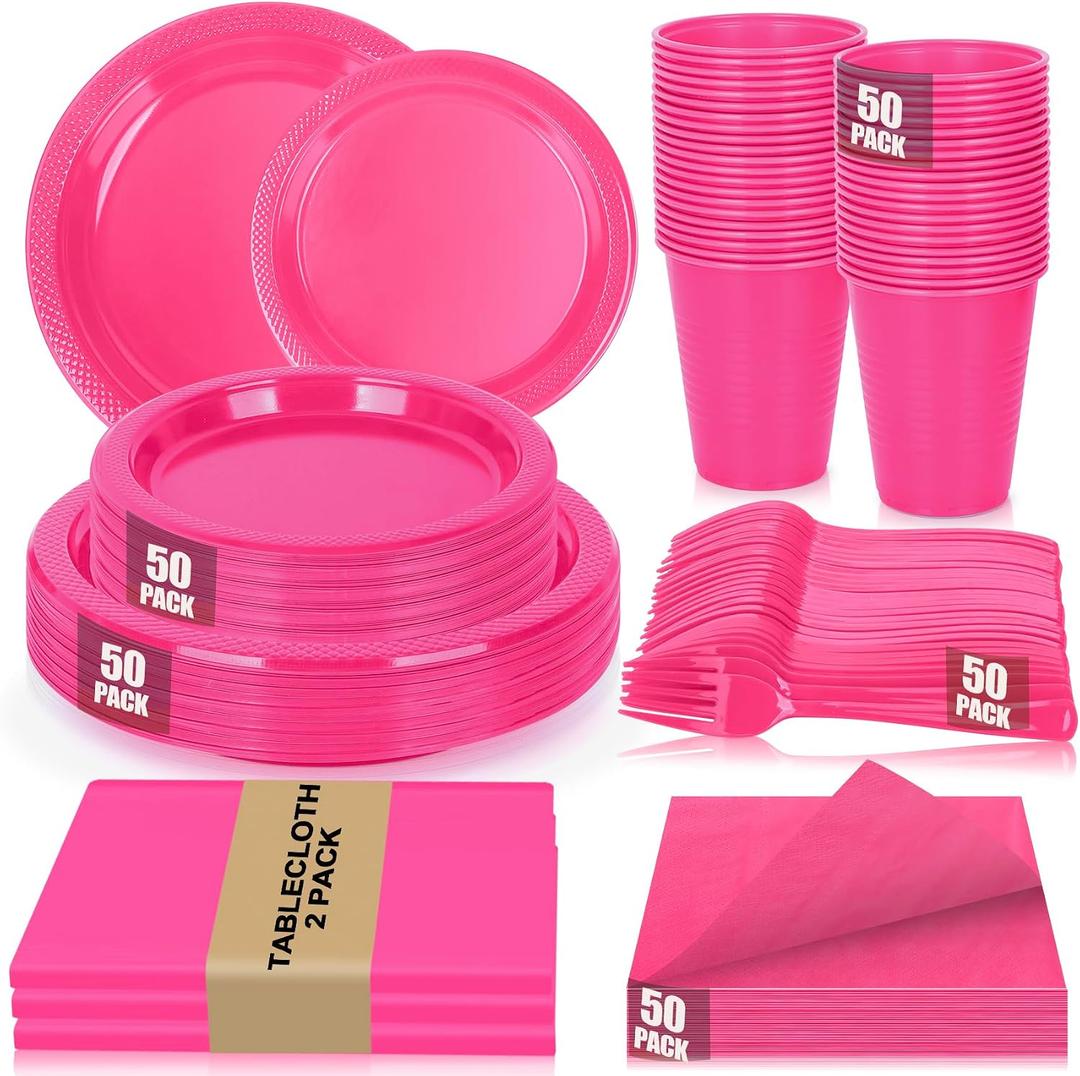 Hot Pink Plastic Plates for Party,50 Guest Disposable Plastic Plate Set 9" Plates,7" Dessert Plate,Napkins,Cups,Forks & Tablecloth for Girls Women,Summer Party,Birthday
