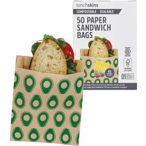 Lunchskins Compostable Sandwich Bags  50 Count | Avocado Design | Eco-Friendly Food Storage Bags Made from Unbleached Kraft Paper with Recyclable Resealable Stickers