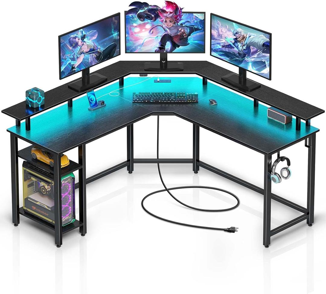 Rolanstar L Shaped Gaming Desk with LED Lights & Power Outlets, 53" Computer Desk with Full Monitor Stand & Storage Shelf, Corner Desk with Hooks, Black Desk Reversible (53*53*34.1 Inch)