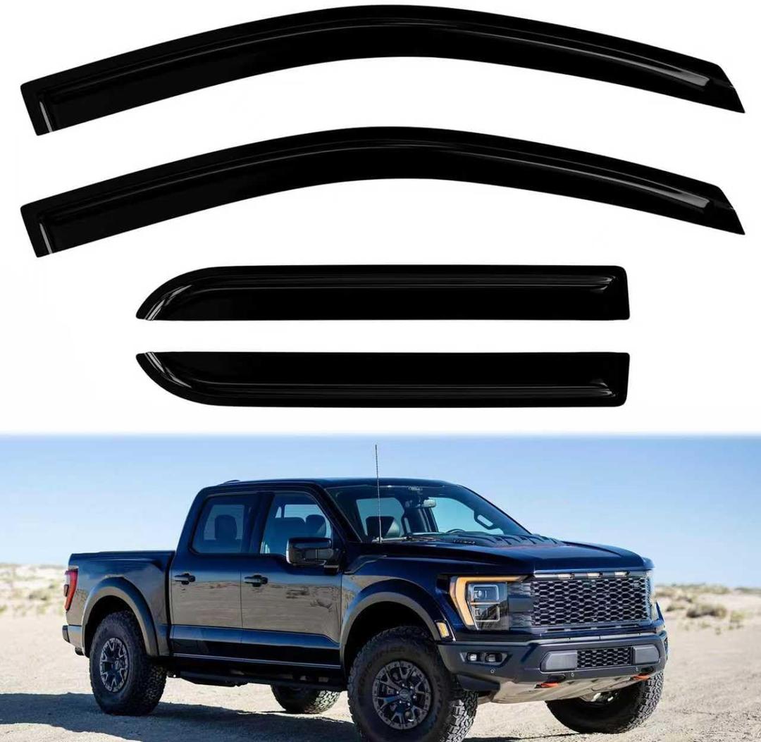 4PC Rain Guards for 2015-2025 Ford F150 SuperCrew Window Visors for 17-25 F250 F350 F450 F550 Super Duty Deflectors Sun Shades Vent Tape On Out Channel