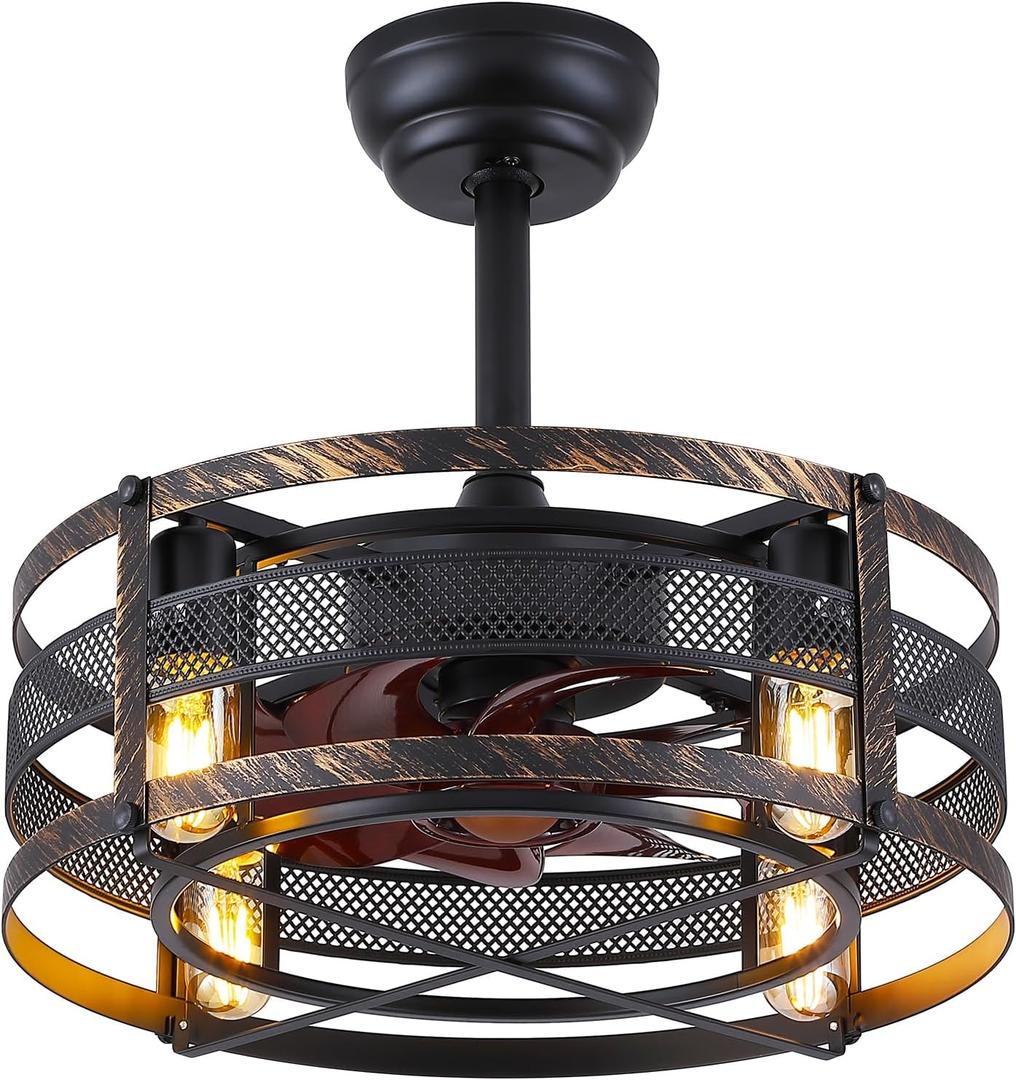 Asyko Caged Ceiling Fans with Lights - Black Farmhouse Ceiling Fan Light with 6 Speeds, Reversible Silent Motor, Modern Low Profile Indoor/Outdoor Fan Light for Bedroom, Bulbs Not Included