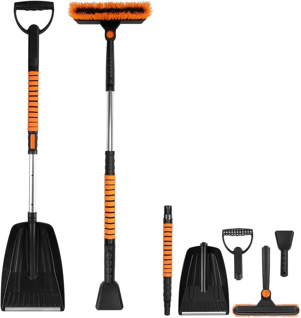 Ice Scraper and Snow Brush Kit, 5 in 1 Extendable Snow Shovel Snow Broom with Foam Grip, 180 Pivoting Brush Head Snow Scraper for Car, Truck, SUV