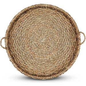 Large 27.6 Inches Rattan Round Serving Tray with Handles Round Braided Bankuan Basket with Handles for Decorative Coffee Table Fruit Bread