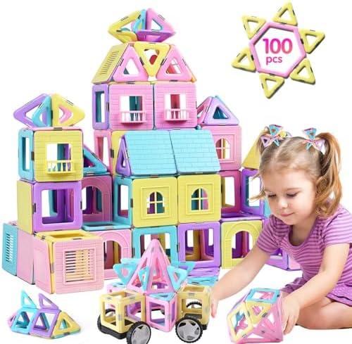 TOKBLOK Magnetic Tiles Toys for 3 4 5 6+ Year Old Girls Boys 100Pcs Macaron Magnet Building Blocks Set for Toddler STEM Educational Toys for Kids Birthday Gifts (Castle & Car Set)