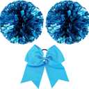 Hanaive 3 Pcs Cheerleading Pom Poms and Large Cheerleader Hair Bow Metallic Cheer Supplies for Team Spirit Sports Dance Cheering (Rainbow Mixed Blue)