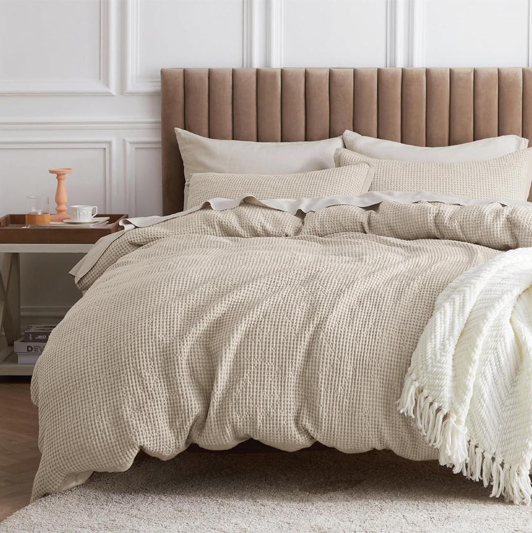 Bedsure Cotton Duvet Cover Set - 100% Cotton Waffle Weave Beige Duvet Cover California King, GentleSoft and Breathable Cal King Bedding Set for All Season, 3 Pieces, 104"x98"