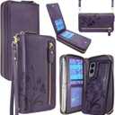 for Samsung Galaxy S25 Edge Wallet Case,Crossbody Dual Zipper Detachable Magnetic Leather Wallet Case Cover Wristlets Wrist Strap 13 Card Slots Money Pocket(Floral Dark Purple)