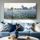 Large Framed Modern Canvas Wall Art, Natural Rural Farm Print Picture, Blue Windmill Flower Field Landscape Art Decor For Living Room, Bedroom, Dining Room, And Kitchen. 48X24 Inches.