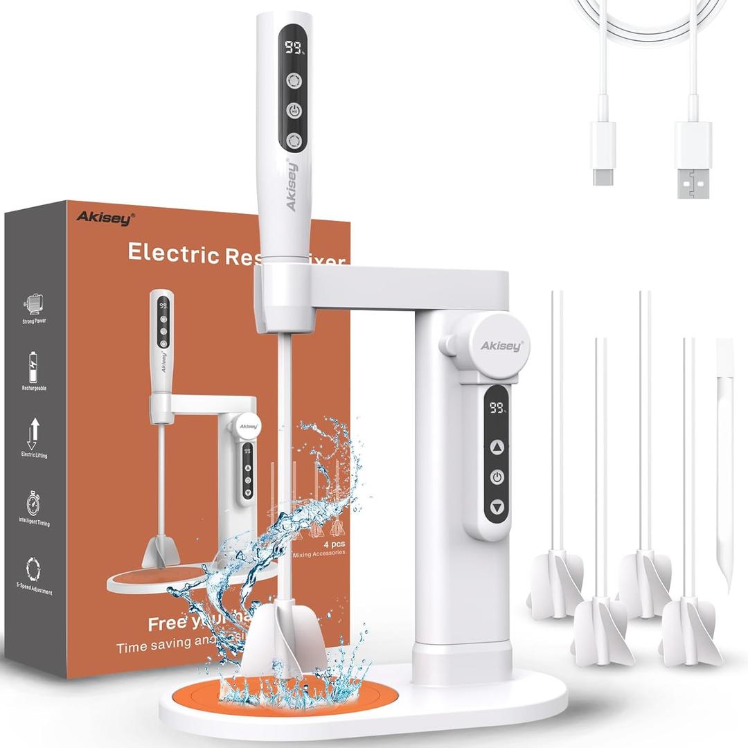 Electric Resin Mixer, Epoxy Resin Mixer with Electric Stand, 5-Speed Mode & Minimize Bubbles, Electric Stirrer Kit for Resin Molds, Silicone, Paint, Resin Tool, DIY Crafts, 4 Included Paddles (Medium)