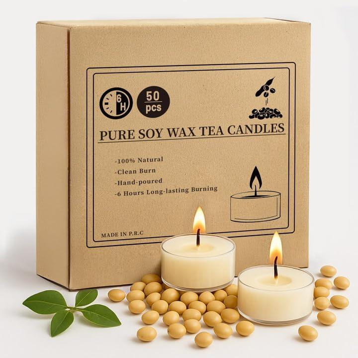 Crenovo Tea Lights Candles 50 Pack, Natural Soy Wax Tealights Candles Bulk 6 Hours Non-Toxic, Long Burning, Unscented Small Votive Cup Candles for Wedding, Party, Dinner, Emergency