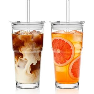 SoulTimes 20oz Glass Tumbler with Lid and Glass Straw Set of 2, Clear Reusable Iced Coffee Cup, Drinking Glass for Coffee, Tea, Juice, Smoothies Durable & Elegant Glassware