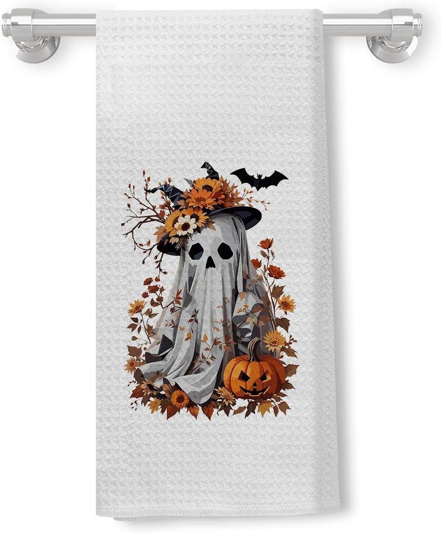 5 x Halloween Kitchen and Bathroom Towels - Fall Floral Ghost Pumpkin Decorative Hand Dish Tea Towels, 16x24 Inches (Color 01)