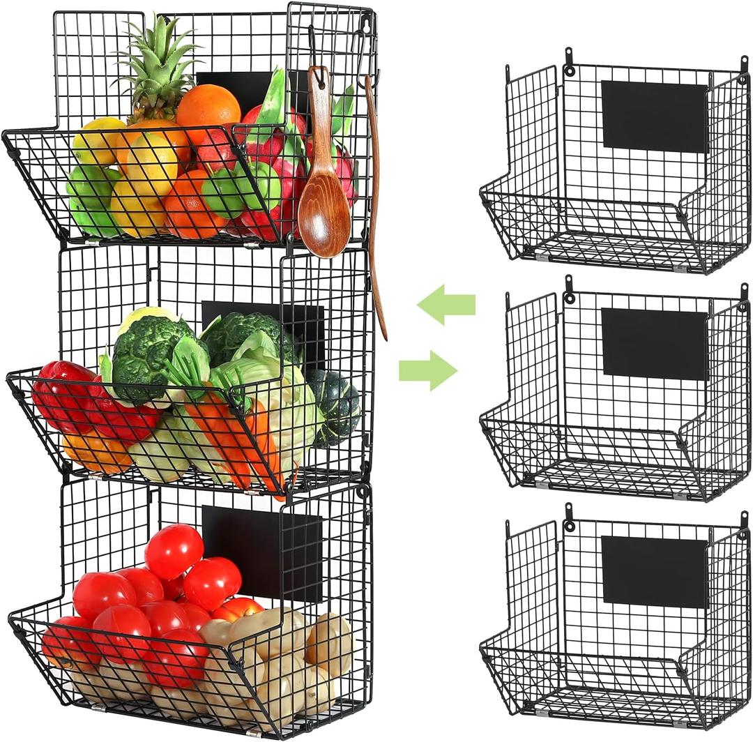 X-cosrack Metal Wire Basket Wall Mount, 3 Tier Wall Storage Basket Organizer with Hanging Hooks Chalkboards, Rustic Kitchen Fruit Produce Bin Rack Bathroom Tower Baskets (Black)