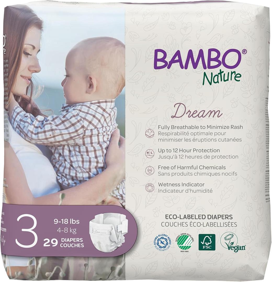 Bambo Nature Premium Eco-friendly Baby Diapers, Size 3 (9-18 Lbs), 29 Count