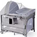 JOYMOR 9 in 1 Bedside Bassinet with Changing Table, Pack and Play with Bassinet, Convert to Rocking Baby Bed with Electric Music Center, Mosquito Net, Storage, Gray