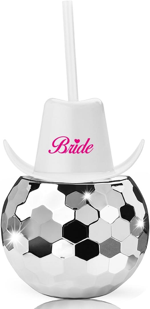 NINU Disco Ball Cup - Silver Bride Disco Party Tumbler with Cowboy Hat Lids and Straws, 20 oz for Hen Bachelorette Party, Barbie, Cowgirl Last bachelorette, Bridal Shower Supplies, Bride Gift