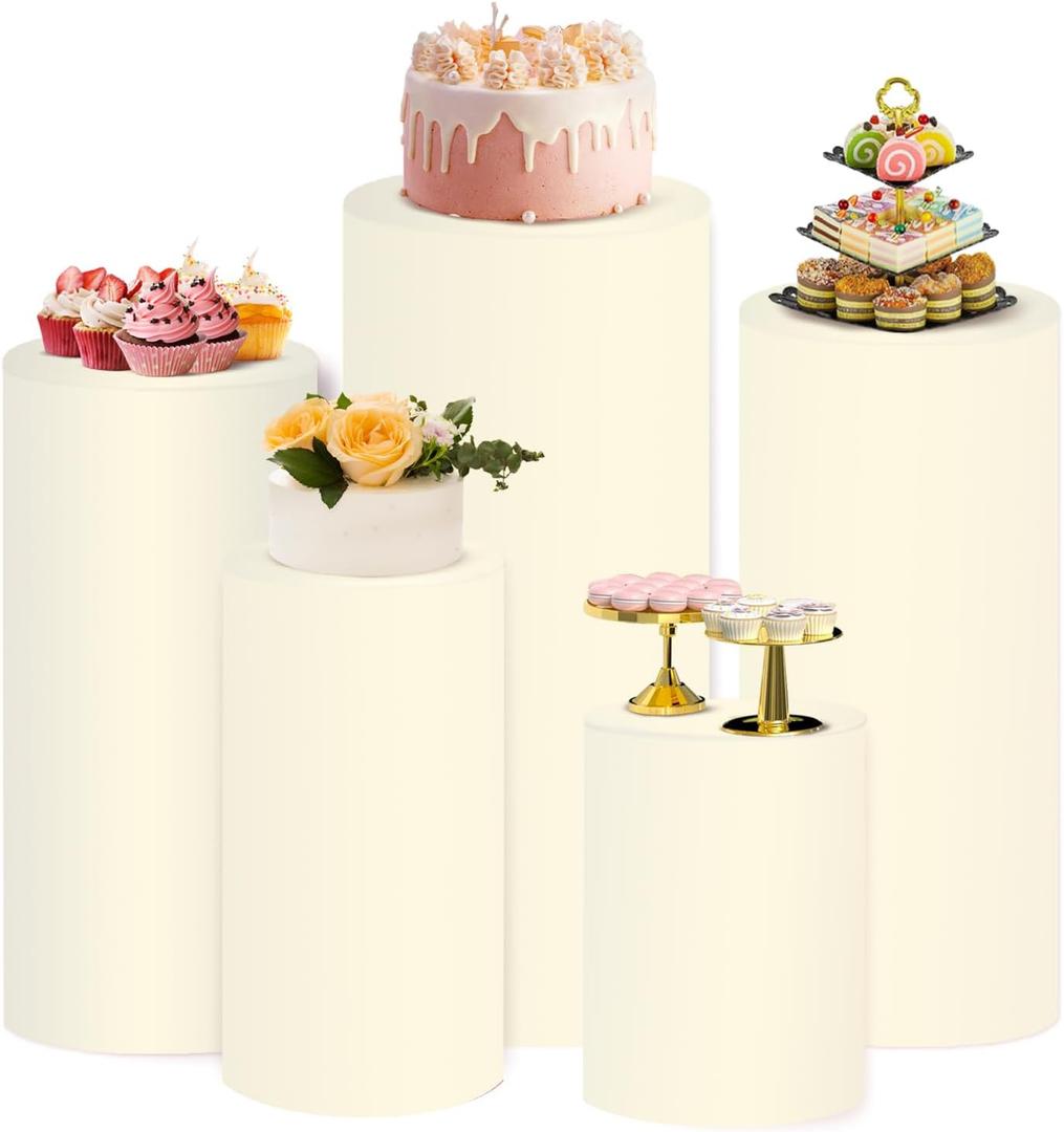 Set of 5 Spandex Cylinder Pedestal Stand Covers Beige Round Cylinder Tables Covers Cylinder Plinth Display Box Stand Covers for Party Wedding Baby Shower Birthday Decor