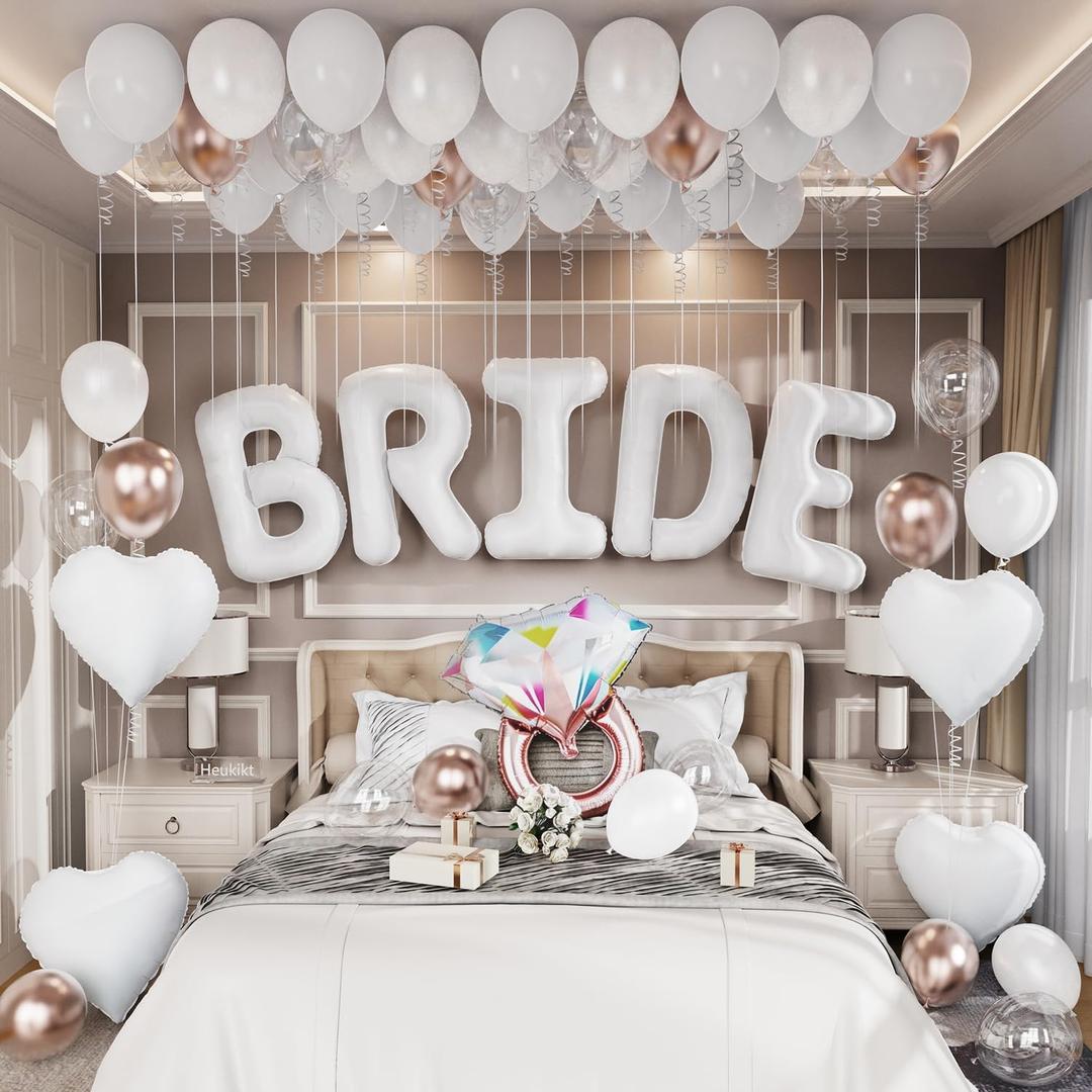 Bride Balloon Decoration Set 40 inch White Bride Heart Balloon with Pearl White Champagne Gold Balloons for Bridal Shower Wedding Engagement Bachelorette Party Decor 62 Pieces