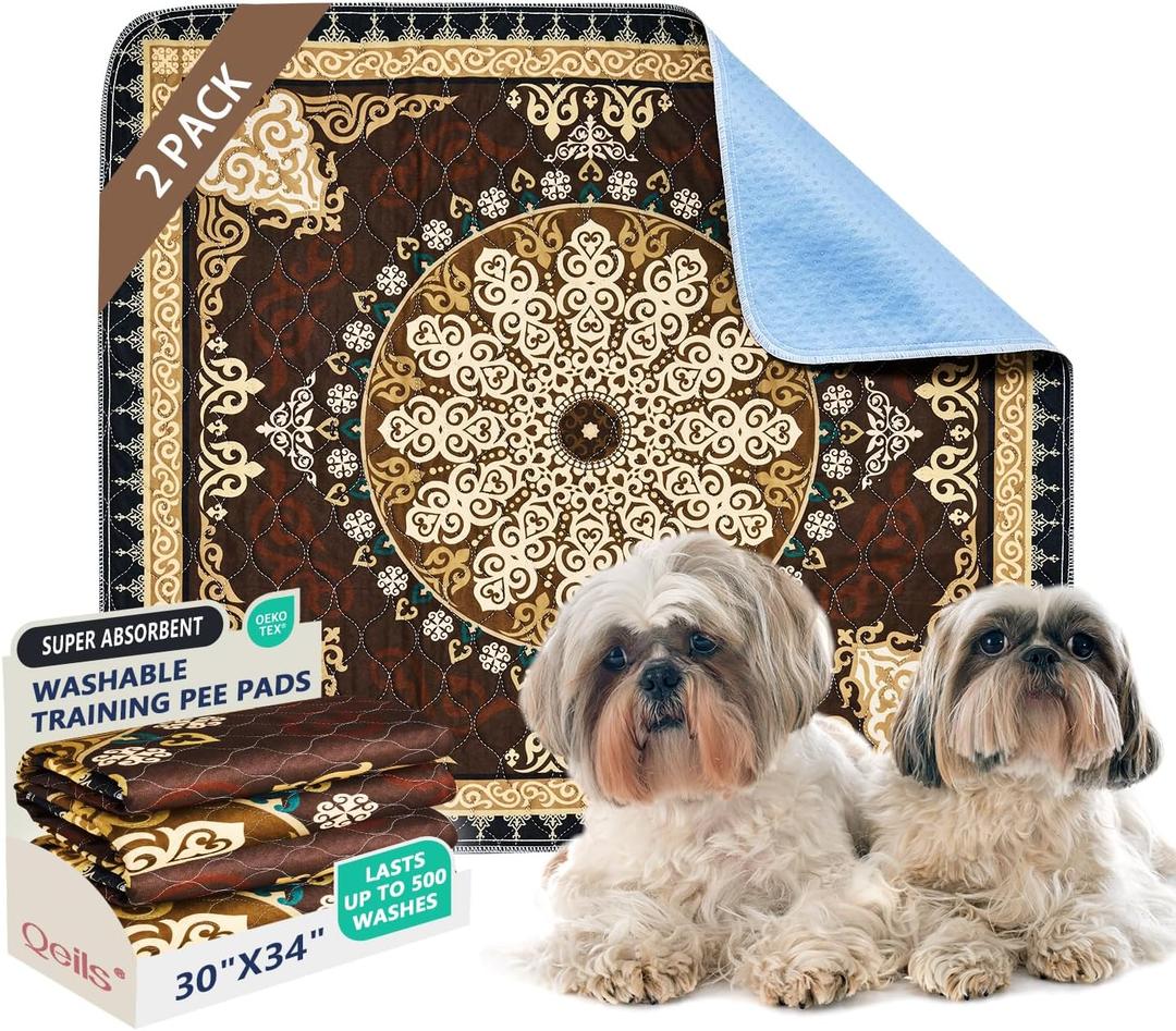 Qeils Washable Pee Pads, Reusable Puppy Pads 4 Pack 30"x34" Super Absorbent Leakproof Dog Training Pads, Non-Slip Wee Wee Pads for Crate, Floor, Potty Pads Feeding Mat Dog Pee