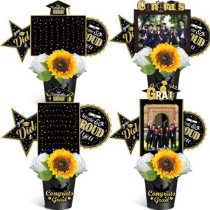 Leinuosen 4 Set Graduation Party Picture Centerpiece Picks Class of 2025 Photo Table Topper Congrats Grad Stick with Metal Bucket Artificial Flowers for High School College Grad Decor(Black and Gold)