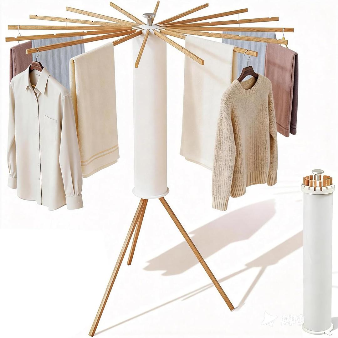 Clothes Drying Rack Tripod, Floor Standing Laundry Drying Rack, Portable & Foldable with 16 Wooden Poles Space-Saving Drying Rack for Laundry, Retractable Collapsible for Balcony Bedroom, Large