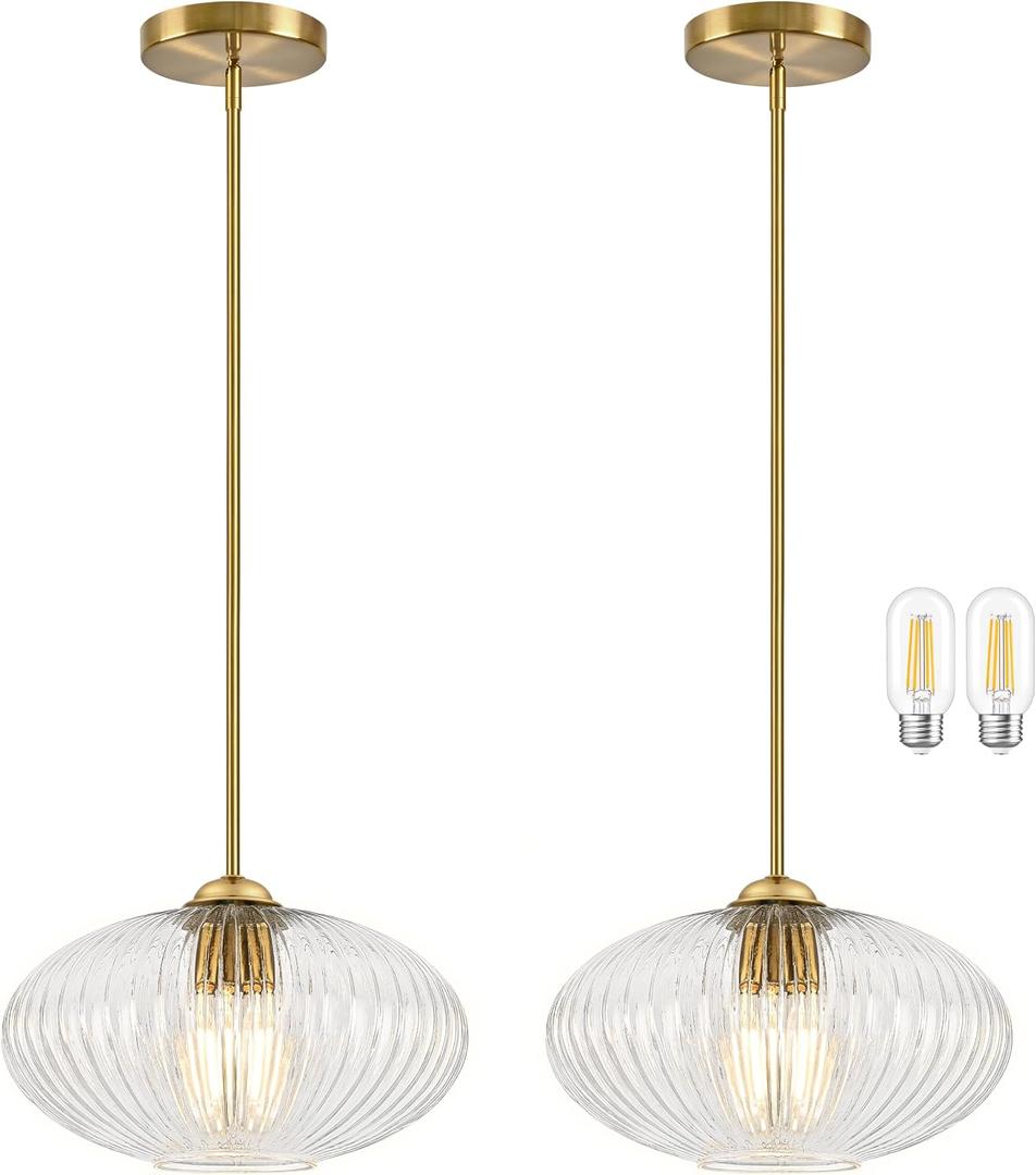 YSHomeStunn 10" Mid Century Modern Pendant Light 2 Pack Clear Vintage Pendant Lights Kitchen Island Ribbed Glass Pendant Light Adjustable Hanging Pendant Light for Dining Room Bedroom (Bulb Included)