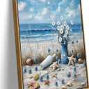 Framed Blue Ocean Beach Canvas Wall Art Coast Seashell Starfish painting Decor Pictures Blue Seaside White Daisy Posters Prints for Modern Coastal Themed Home Decoration Bathroom Room Decoration (10"L x 8"W)