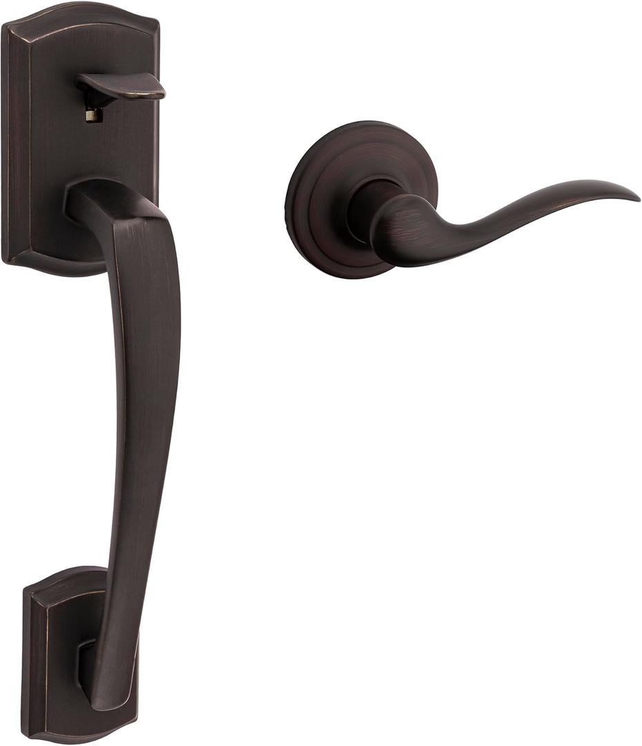 Kwikset Prescott Front Door Handle No Lock, Entry Handleset Exterior with Interior Reversible Handed Lever, Non-Locking, Venetian Bronze, Deadbolt Not Included, with Microban Protection