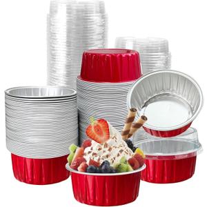 100Pcs Aluminum Cups with Lids,5oz Disposable Ramekin Baking Cups Muffin Liners Mini Pie Pans Foil Cupcake Containers for Christmas Party Wedding Party, Red