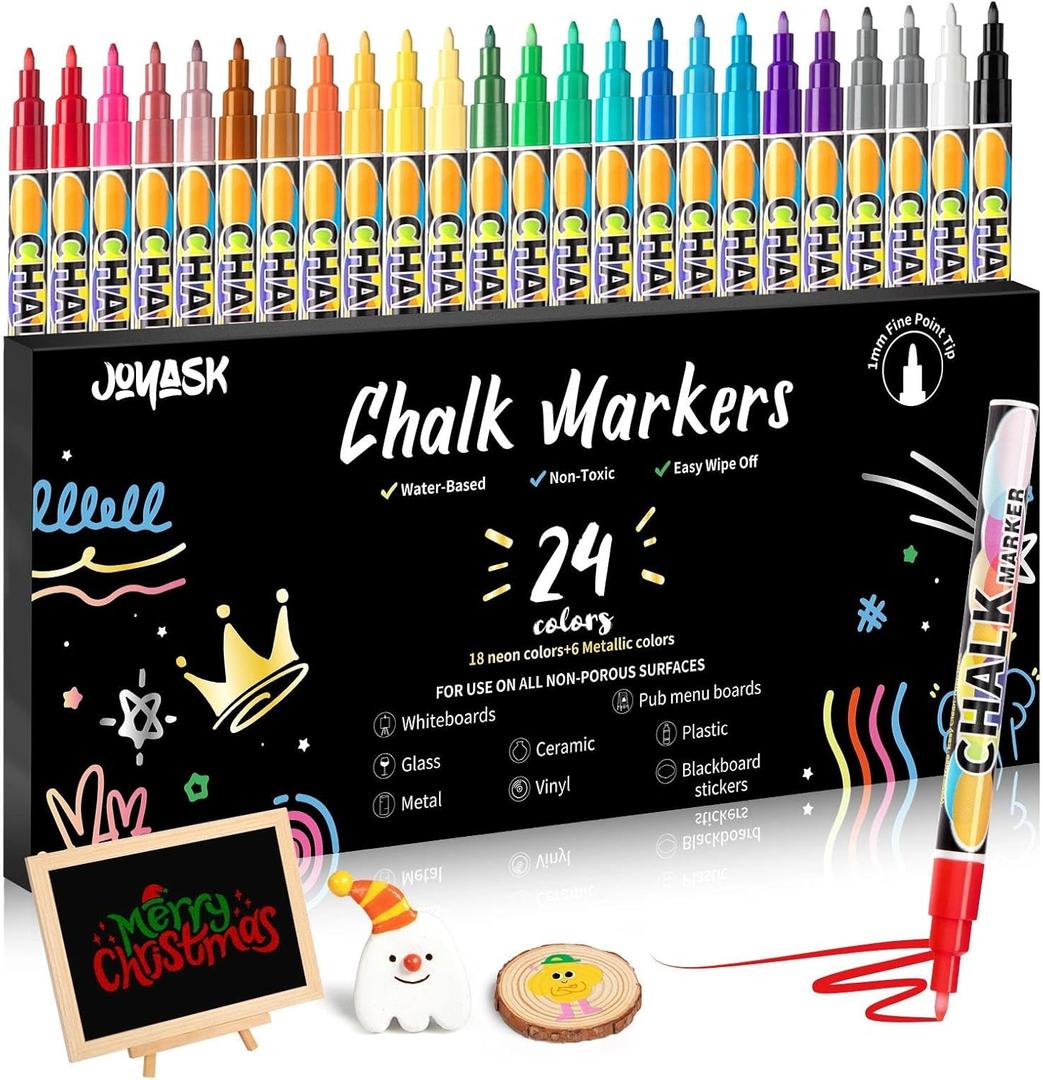 Extra Fine Tip Chalk Markers for Blackboard&Glass (Pack of 24, 1mm Tip), Liquid Chalk Pens for Dry Erase Board, Washable Markers Paint and Drawing for Chalkboards, Windows, Bistro, Cars, Signs